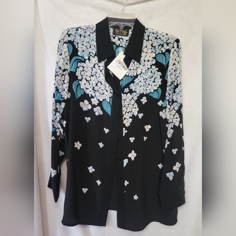 Bob Mackie Wearable Art Silk Floral Blouse Beads + Sequins Size Small